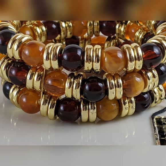 Vintage Lucite 3 Strand Orange Gold Stretch Bracelet NWT - Picture 4 of 7